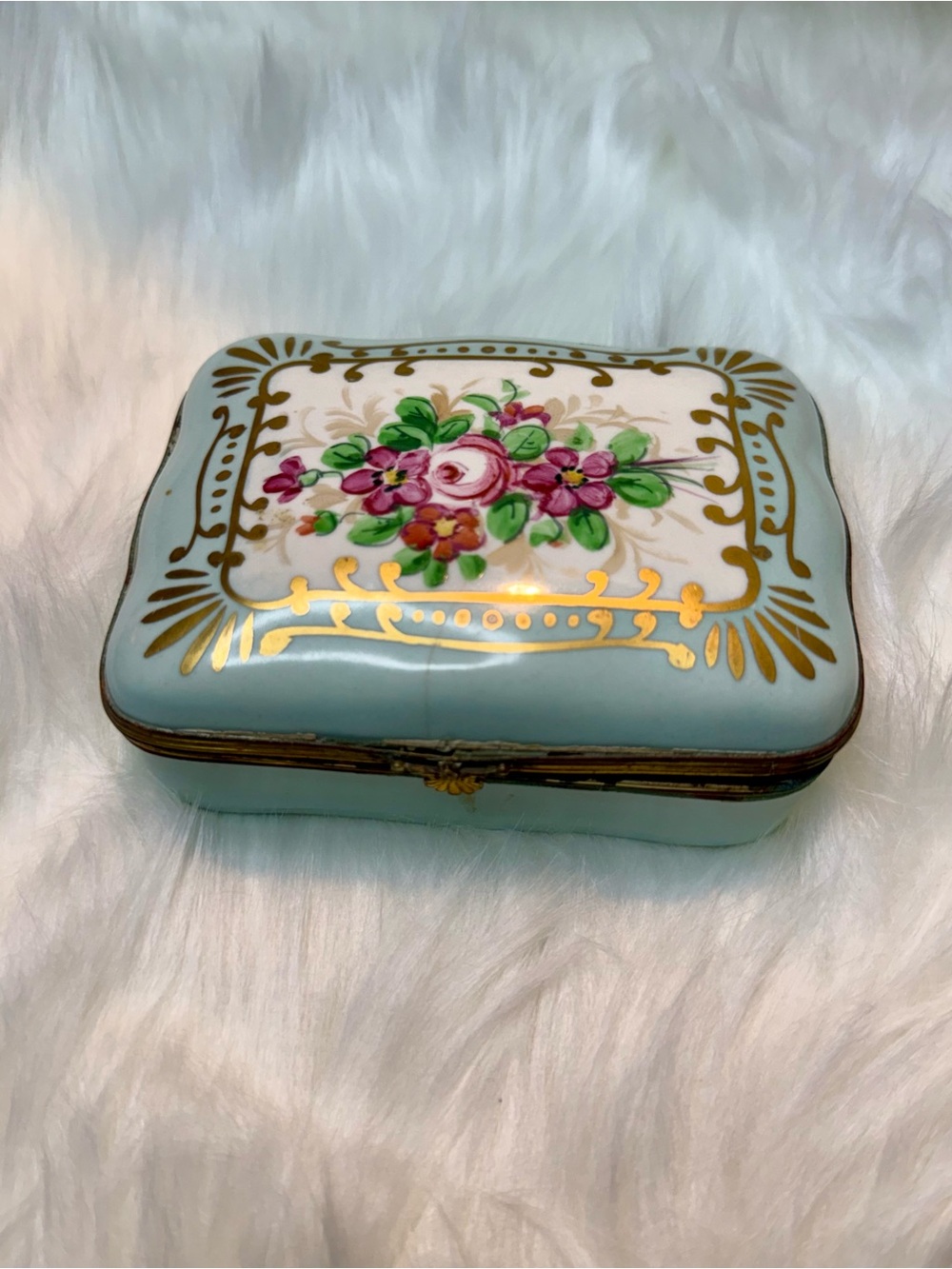 Hand-Painted Floral Porcelain Trinket Box - Blue & White with Gold Accents
